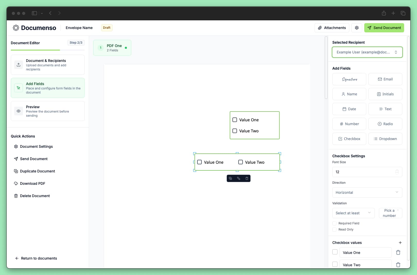 The checkbox field in the Documenso document editor