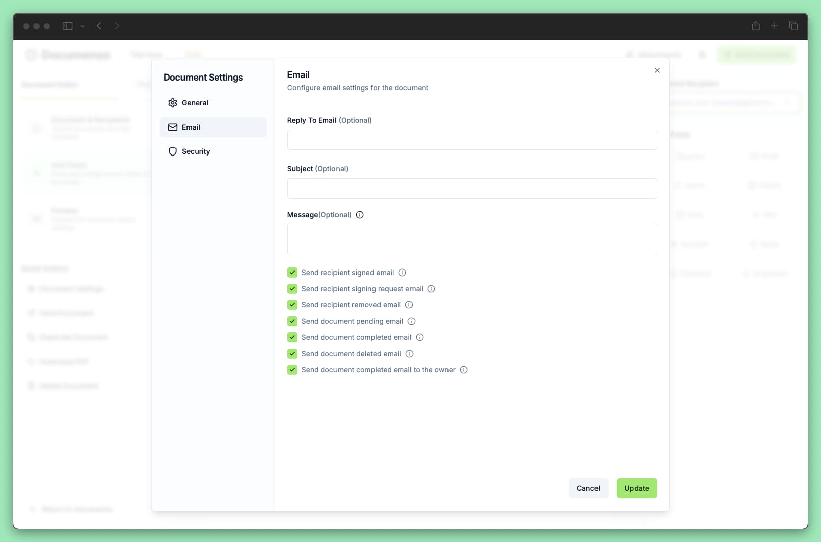 Email Documenso editor settings
