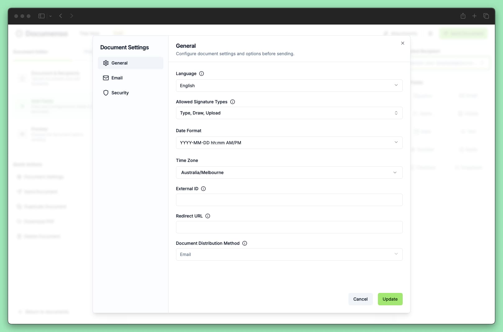 General Documenso editor settings