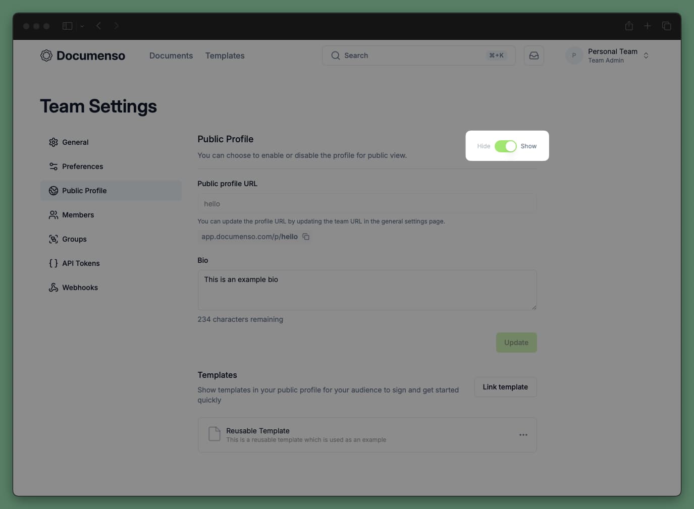 An example of a enabling a public profile on Documenso