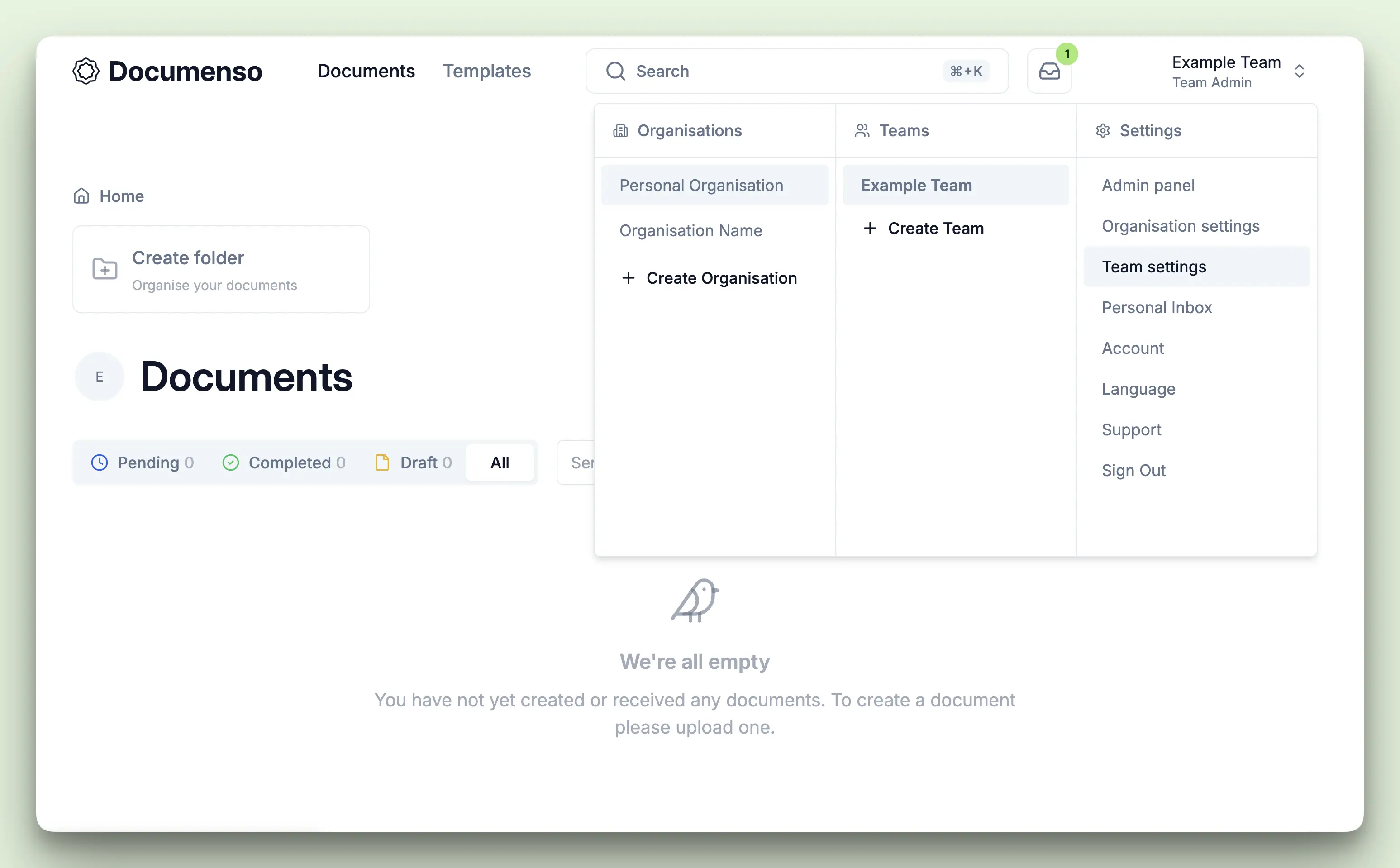 A screenshot of the Documenso's dashboard that shows the dropdown menu when you click on your user avatar