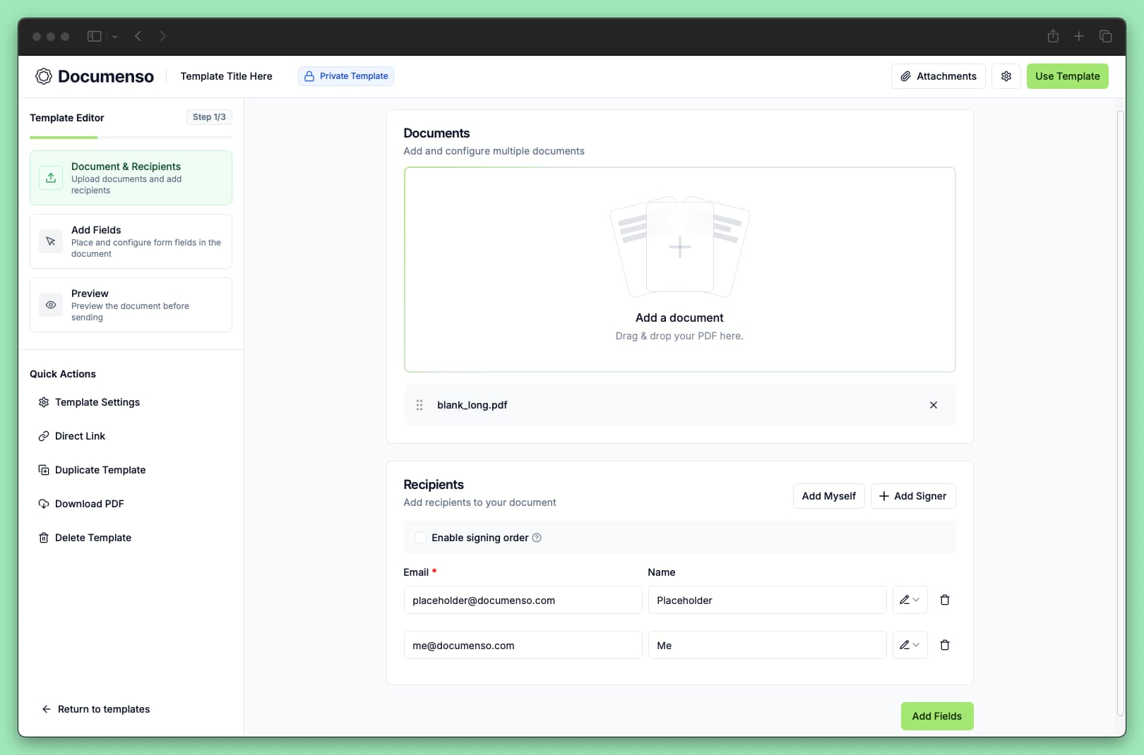 Adding placeholder recipients for the Documenso template