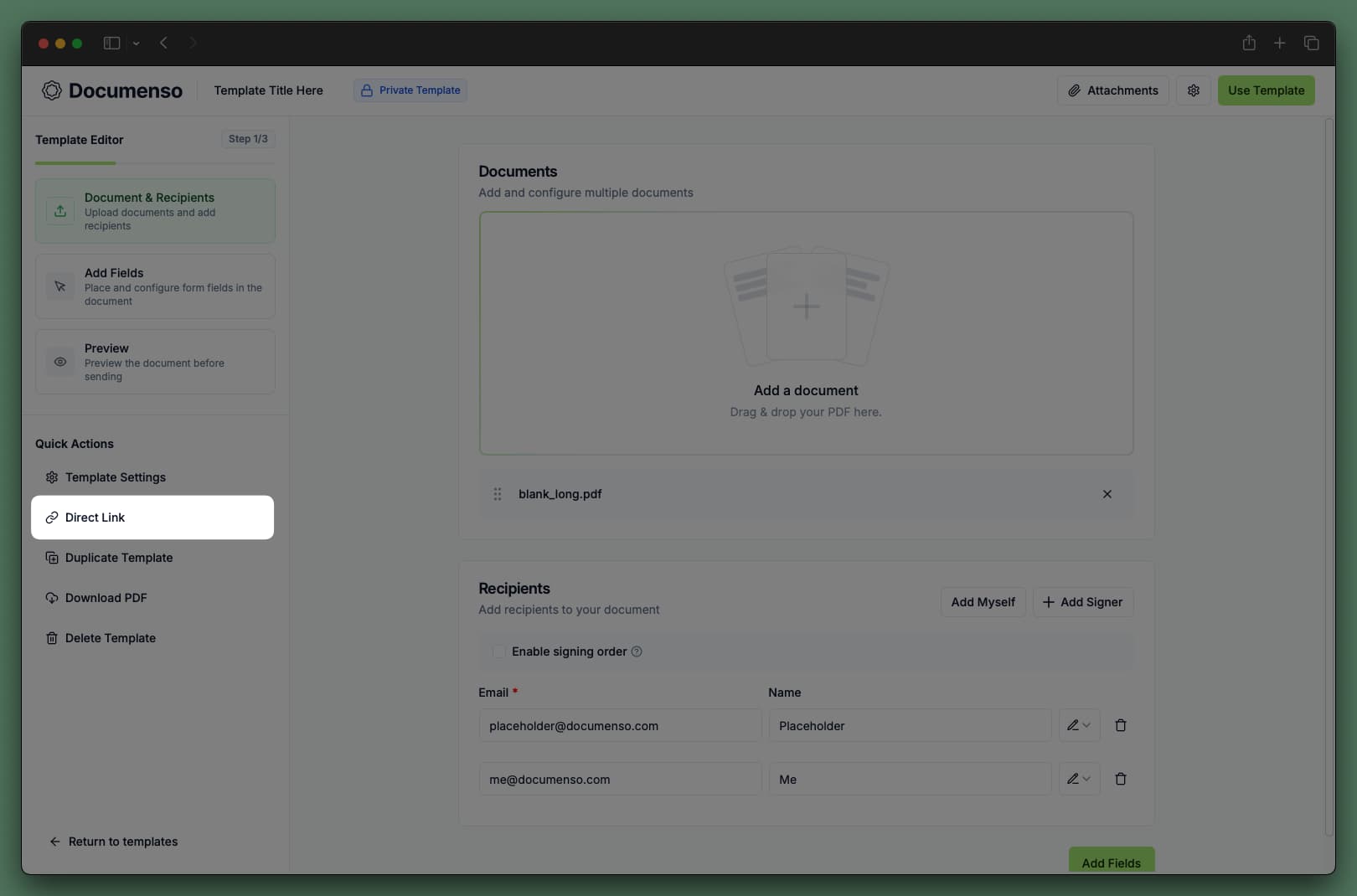 Template page in the Documenso dashboard
