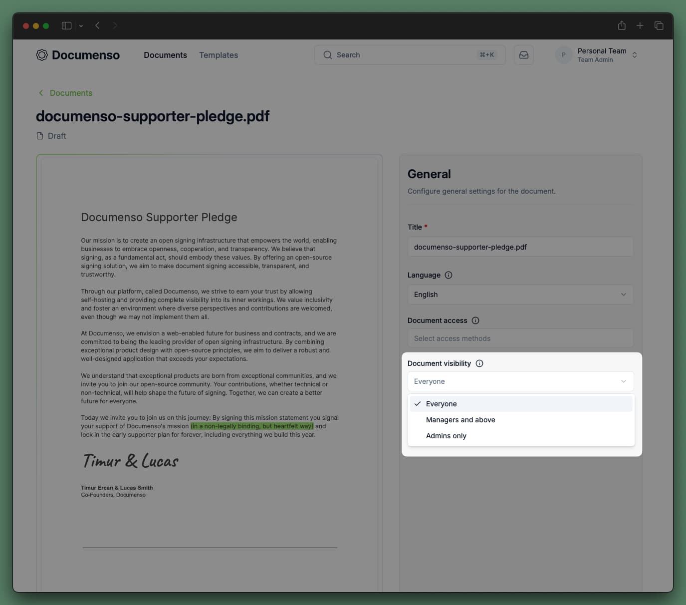 A screenshot of the Documenso's document editor page where you can update the document visibility