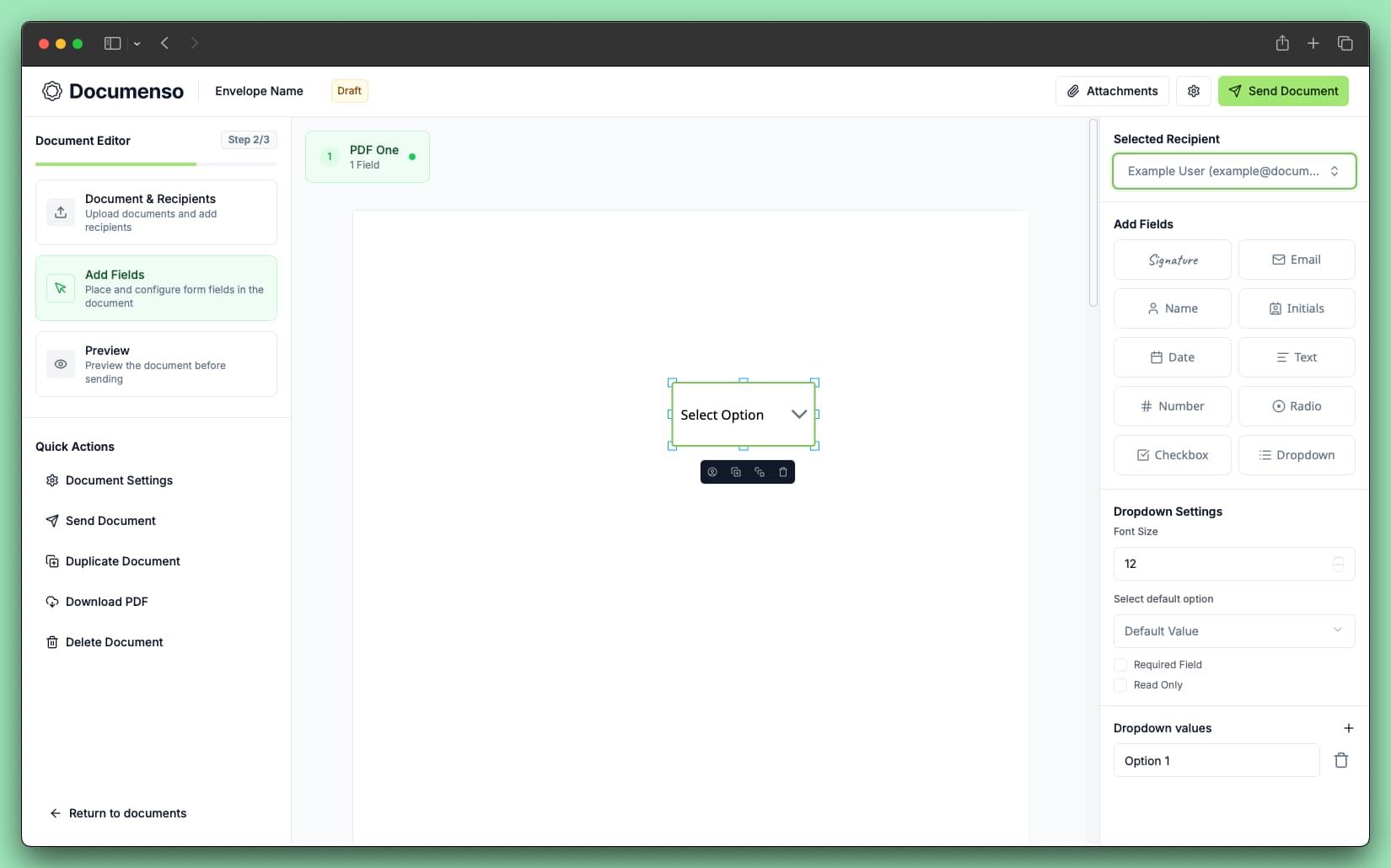 The dropdown/select field in the Documenso document editor