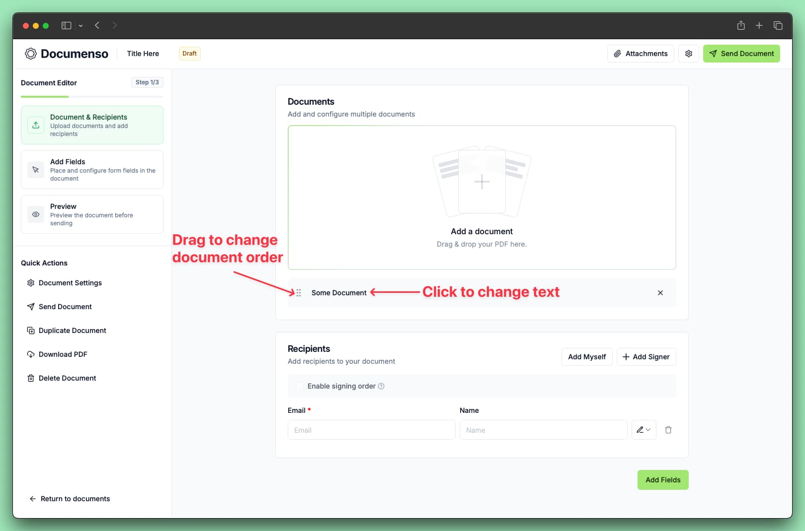 Upload and add recipients page in the Documenso editor
