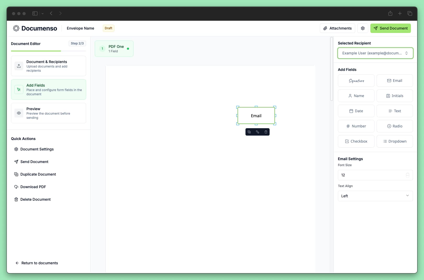 The email field in the Documenso document editor