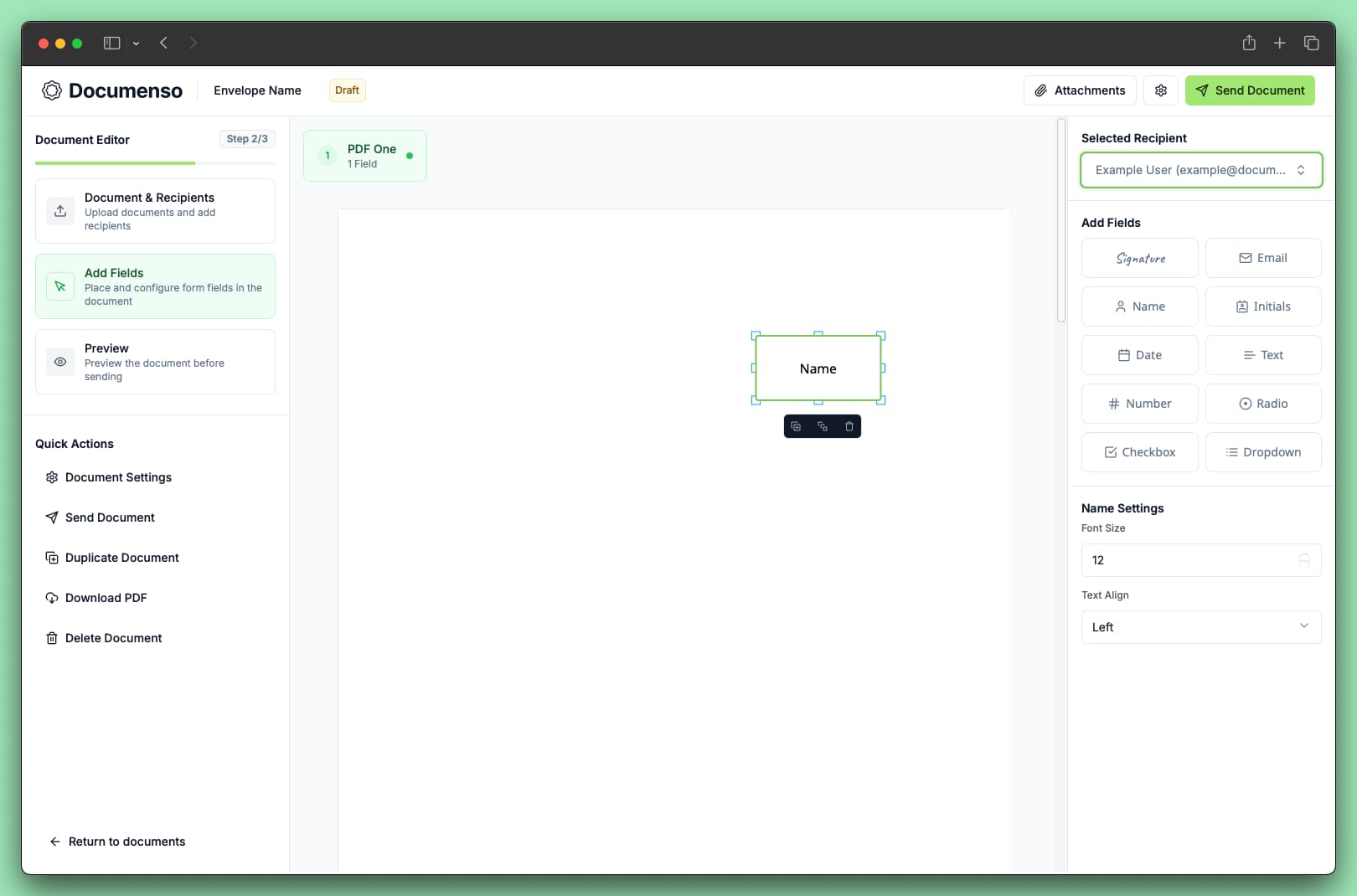 The name field in the Documenso document editor