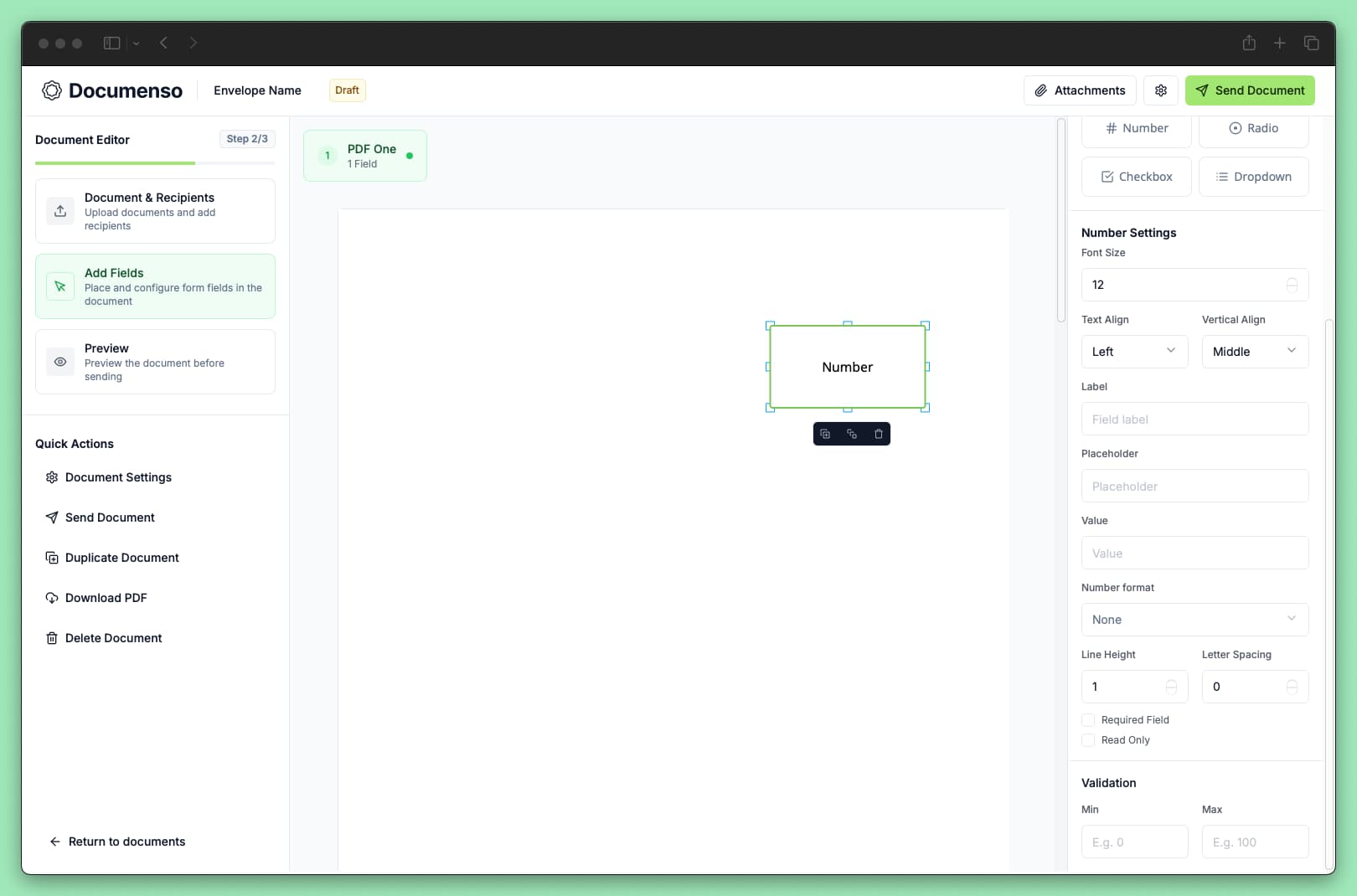 The number field in the Documenso document editor