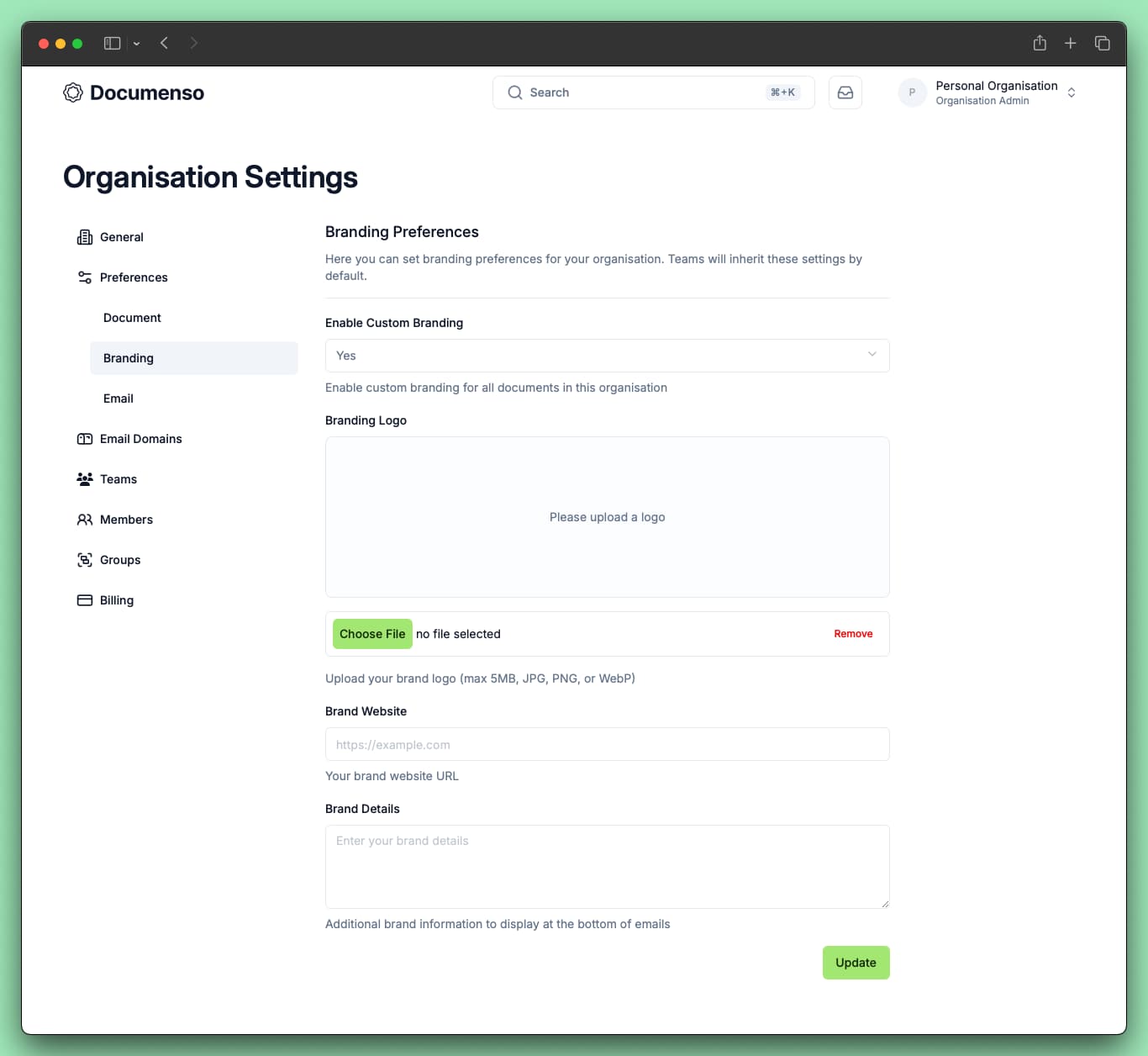 A screenshot of the organisation's document preferences page