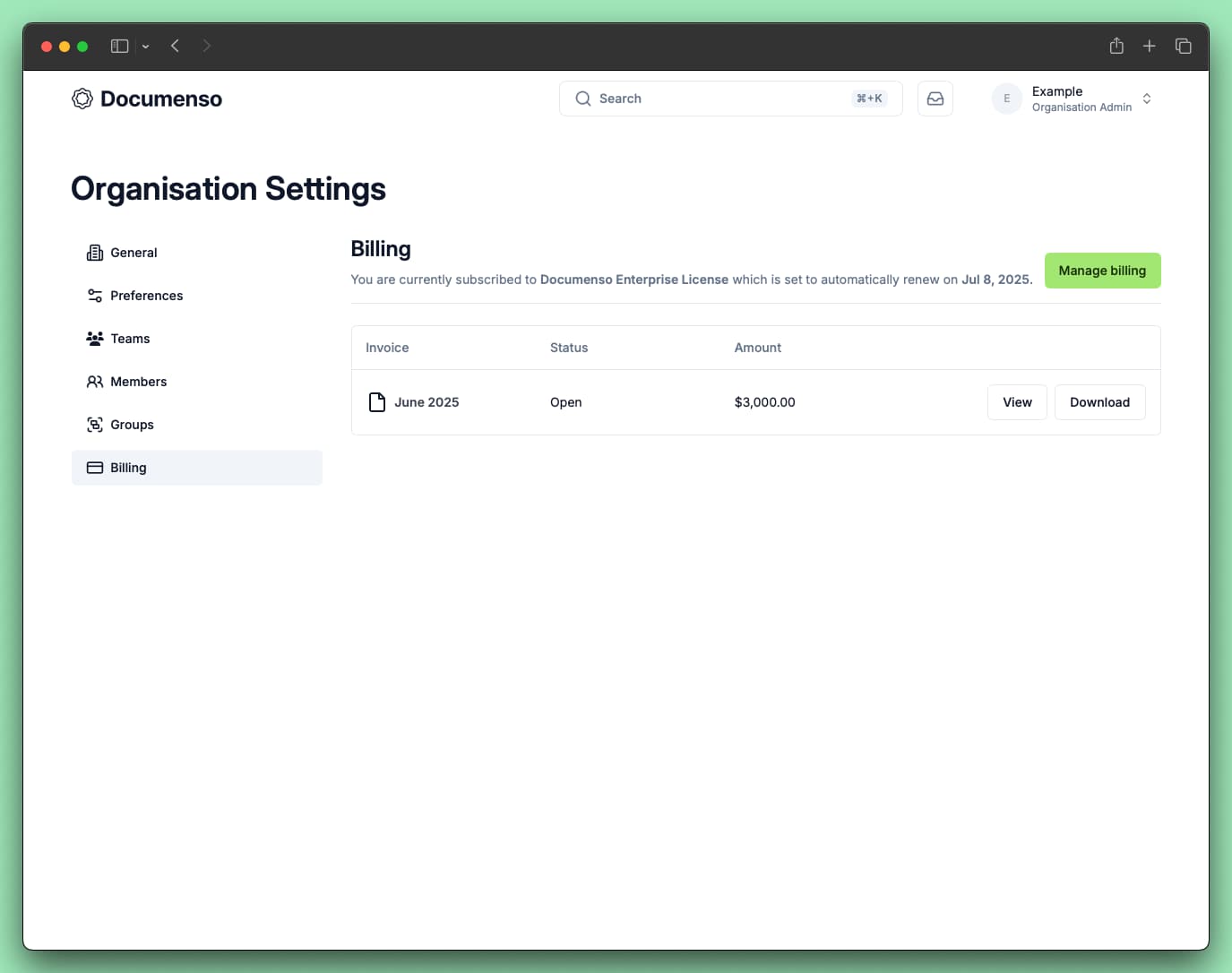 A screenshot of the organisation's billing page
