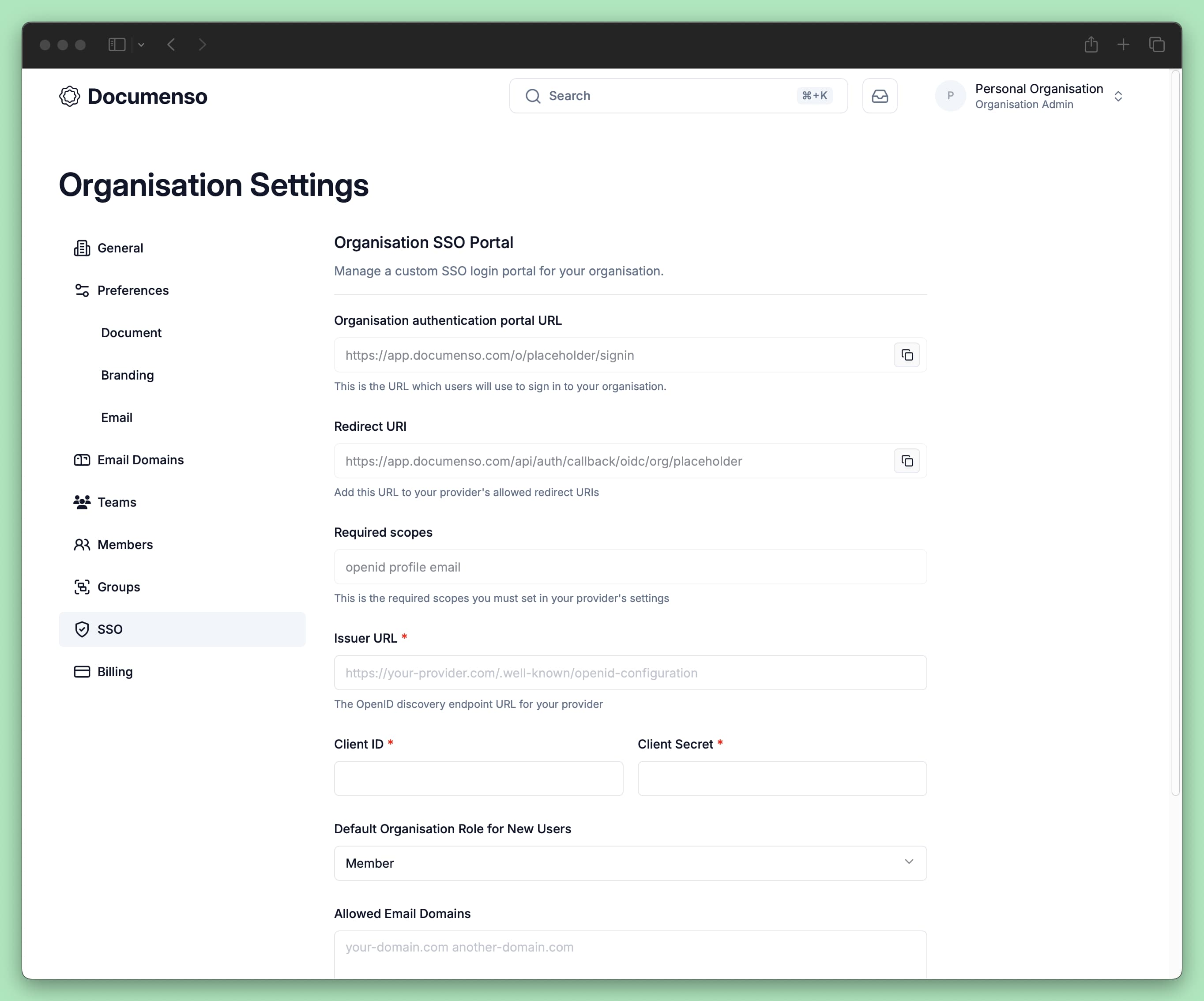 Organisation SSO Portal settings