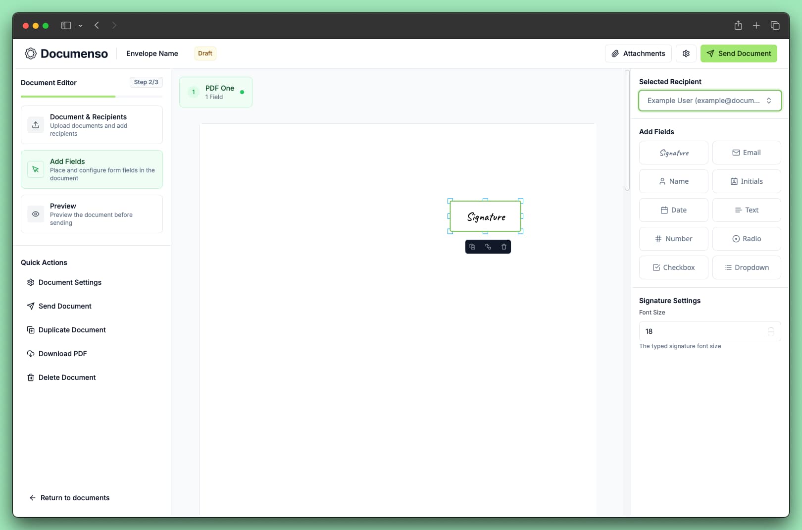 The signature field in the Documenso document editor