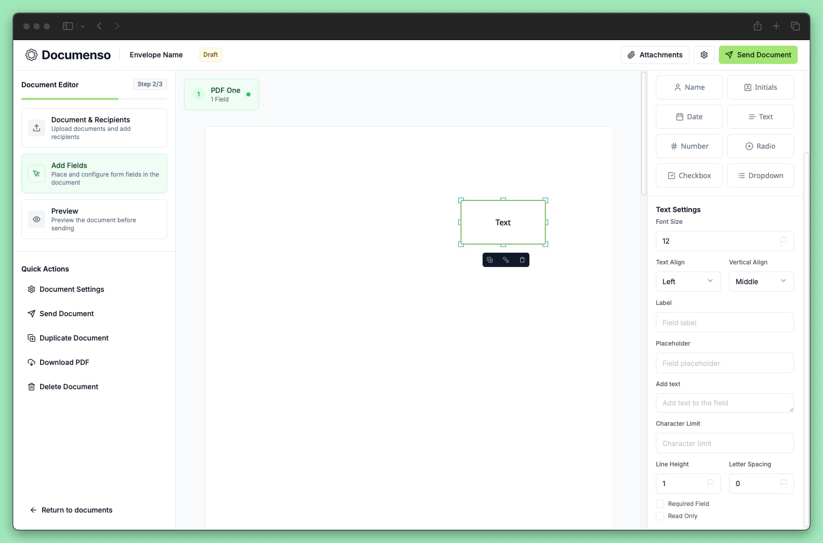 The text field in the Documenso document editor