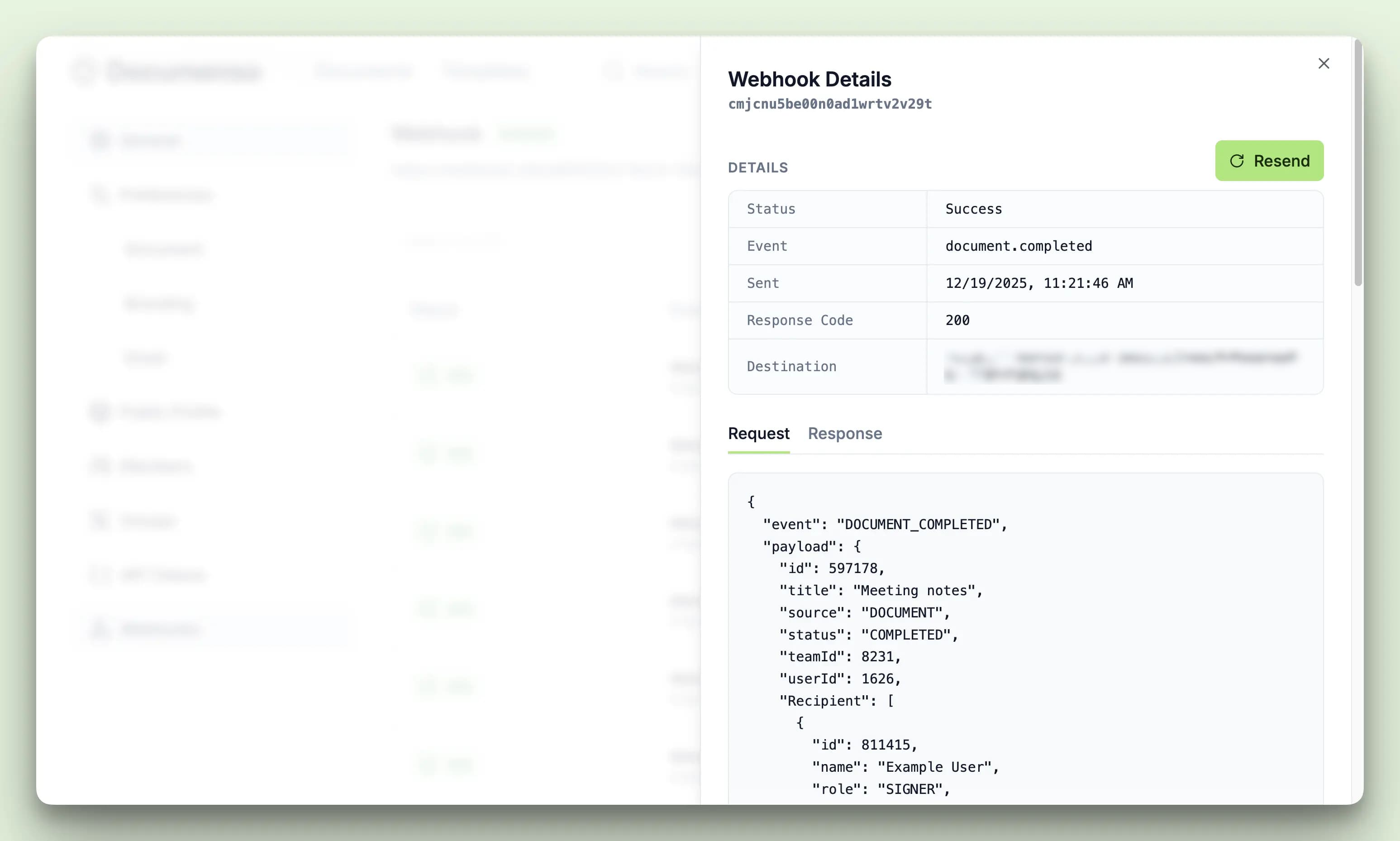 A screenshot of the Documenso's team settings page that shows the webhook call details