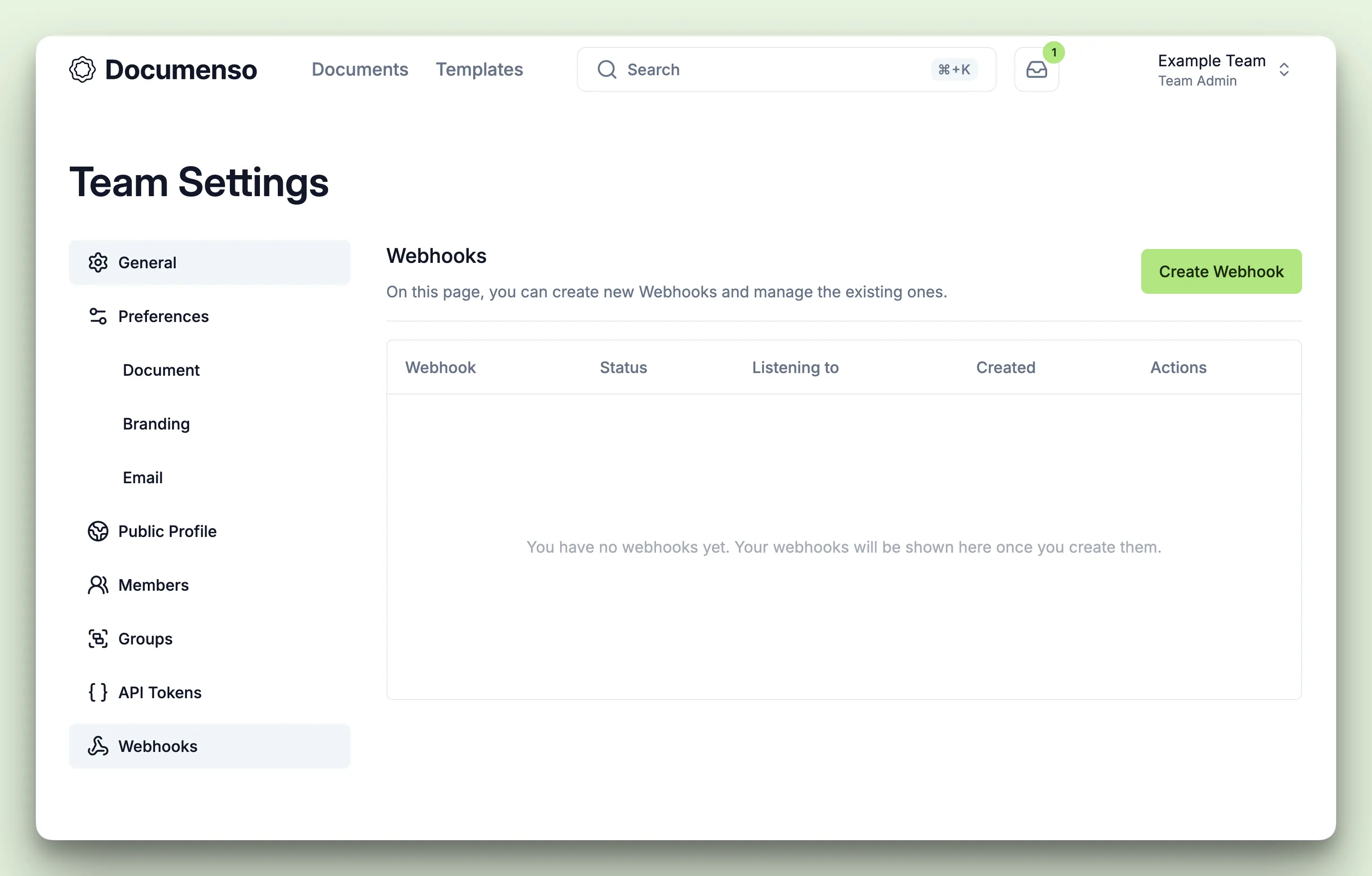A screenshot of the Documenso's team settings page that shows the Webhooks tab and the Create Webhook button