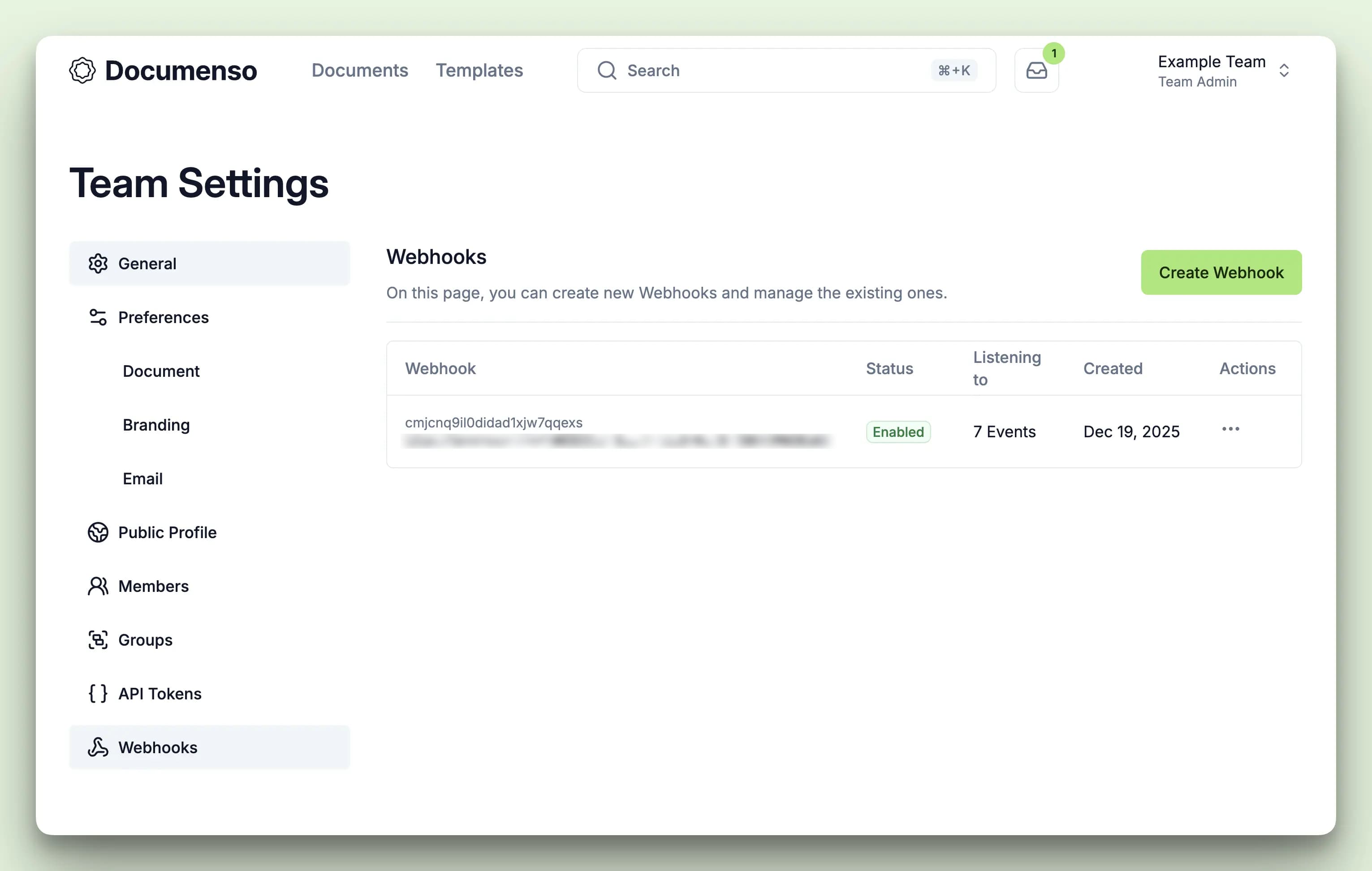 A screenshot of the Documenso's user settings page that shows the newly created webhook subscription
