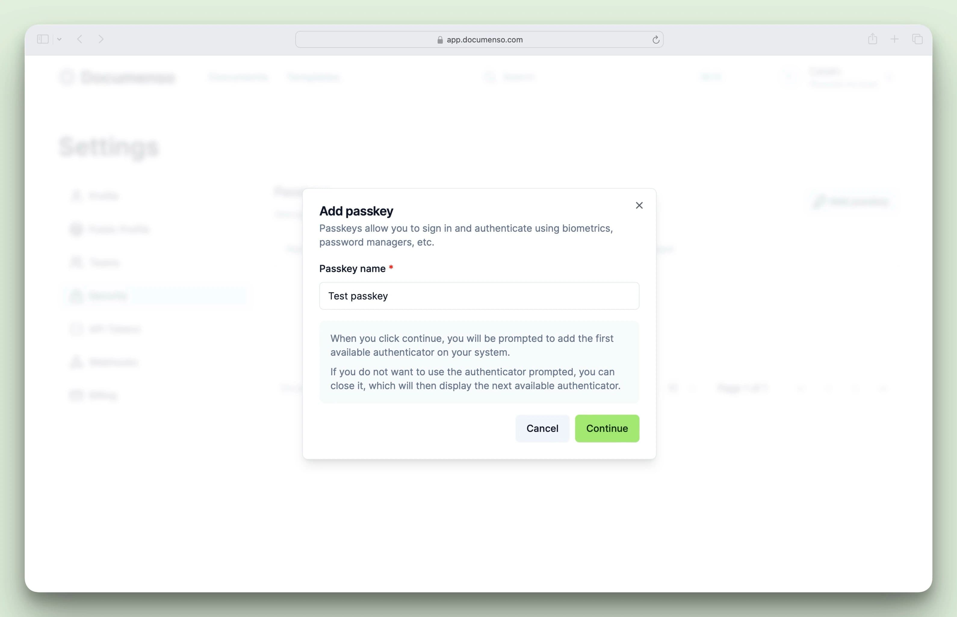 Dialog to add a new passkey with name input field