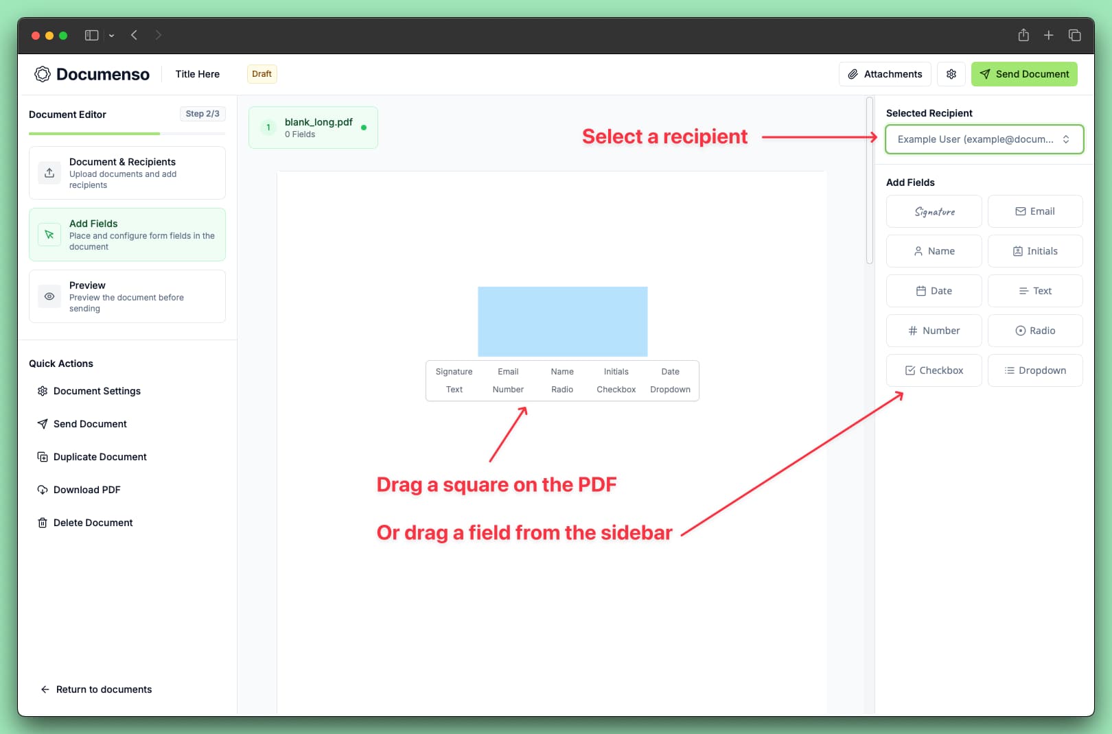 Fields panel showing available field types like Signature, Name, Date, and more