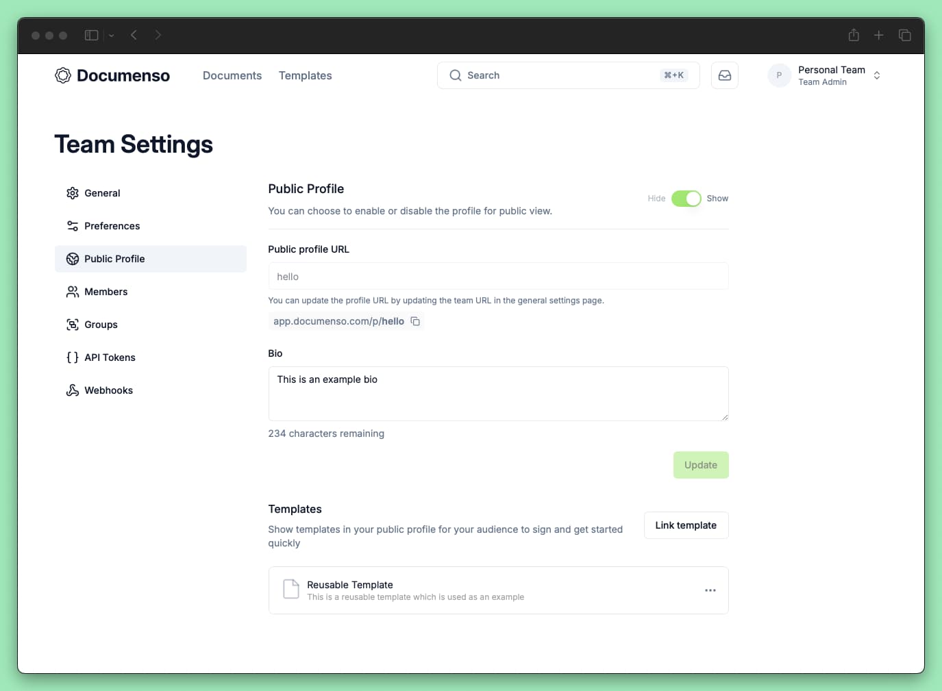 Public profile settings
