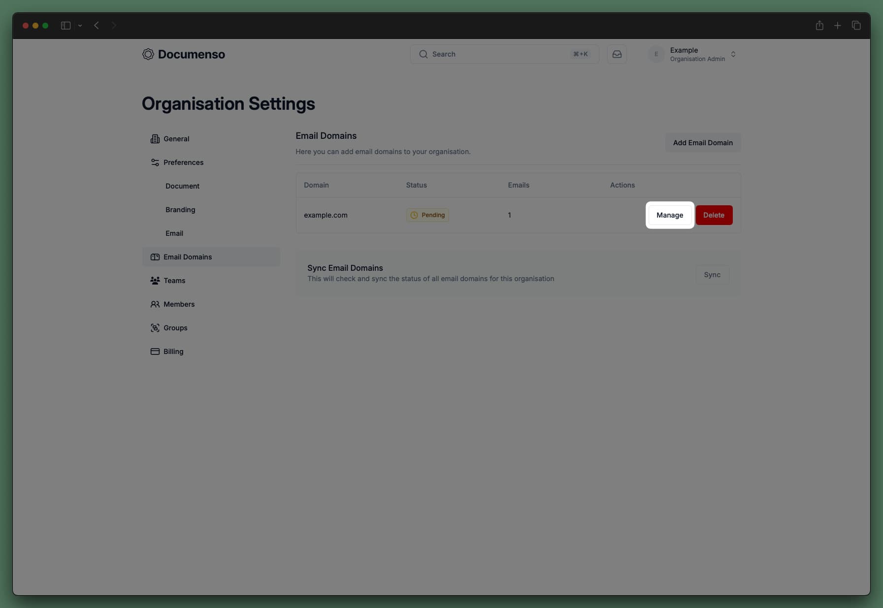 Email Domains settings page