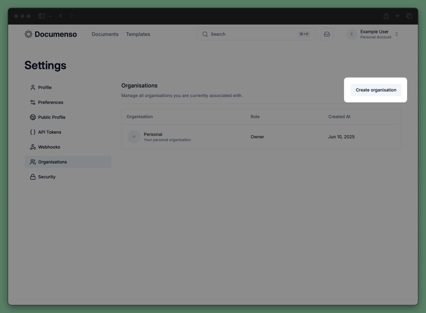 Create organisation in Documenso dashboard
