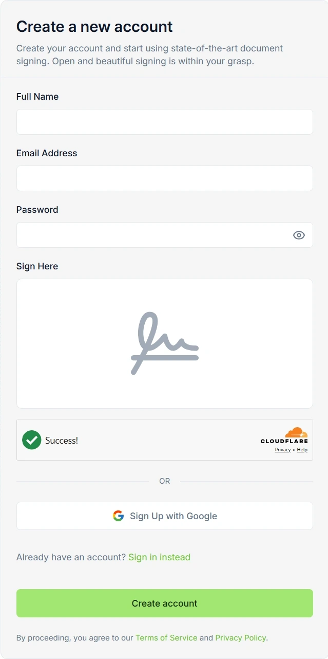 Documenso registration form with name, email, and password fields